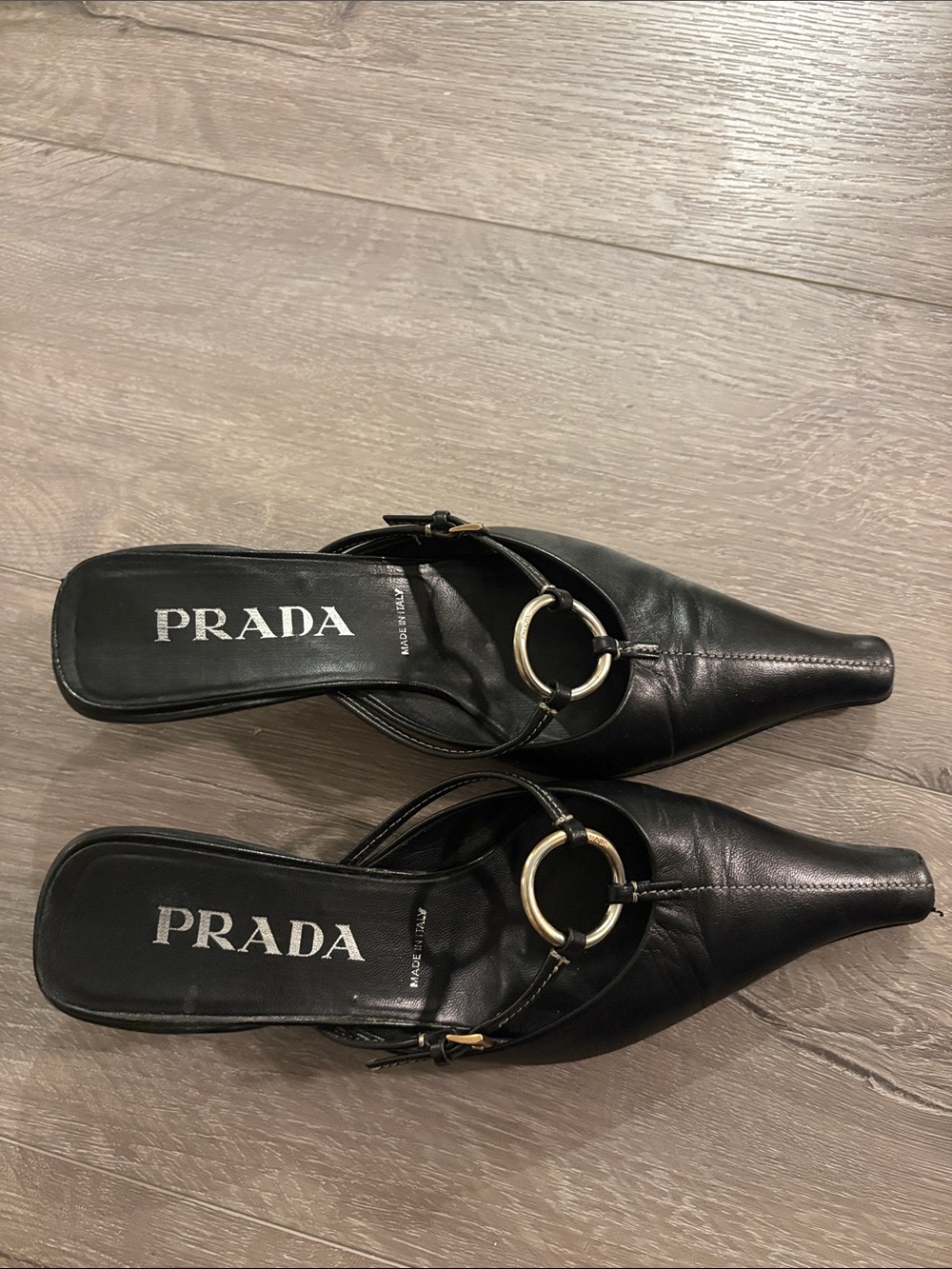Vintage Prada Black Leather Pointed Toe Mules